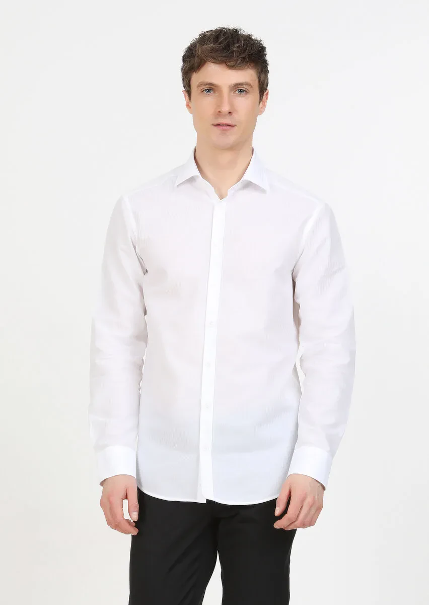 White Striped Regular Fit Weaving Classical 100% Cotton Shirt - 1