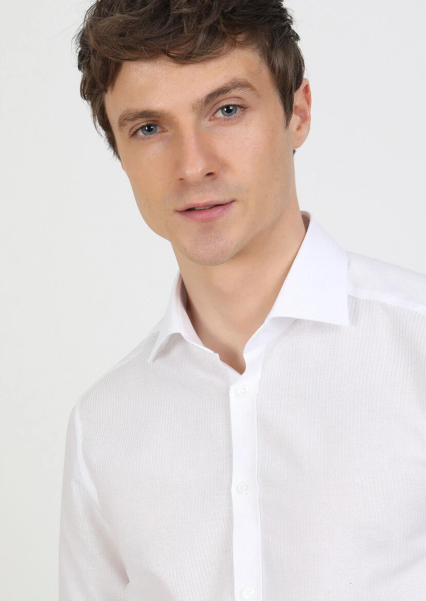 White Striped Regular Fit Weaving Classical 100% Cotton Shirt - 3