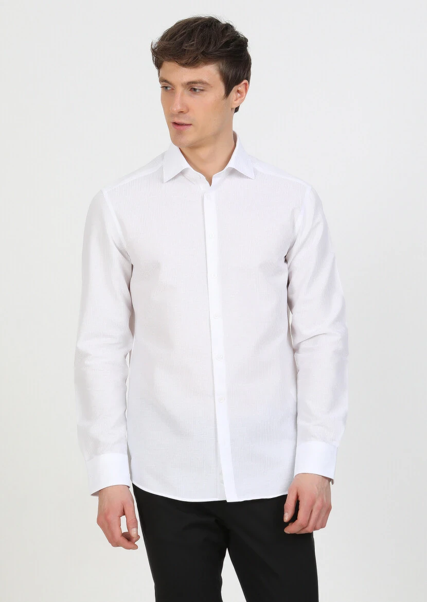 White Striped Regular Fit Weaving Classical 100% Cotton Shirt - 2