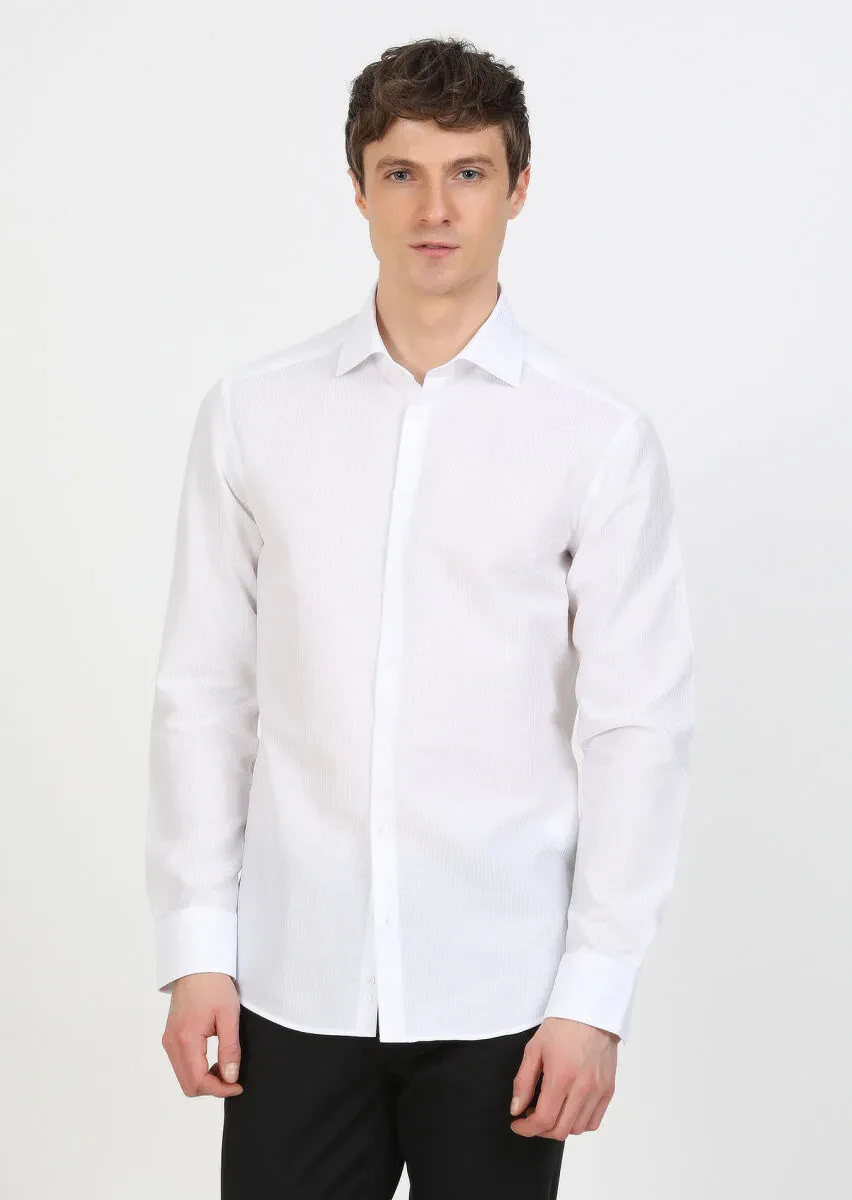 White Striped Regular Fit Weaving Classical 100% Cotton Shirt - 3