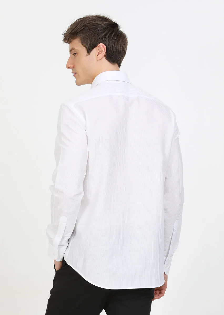 White Striped Regular Fit Weaving Classical 100% Cotton Shirt - 4