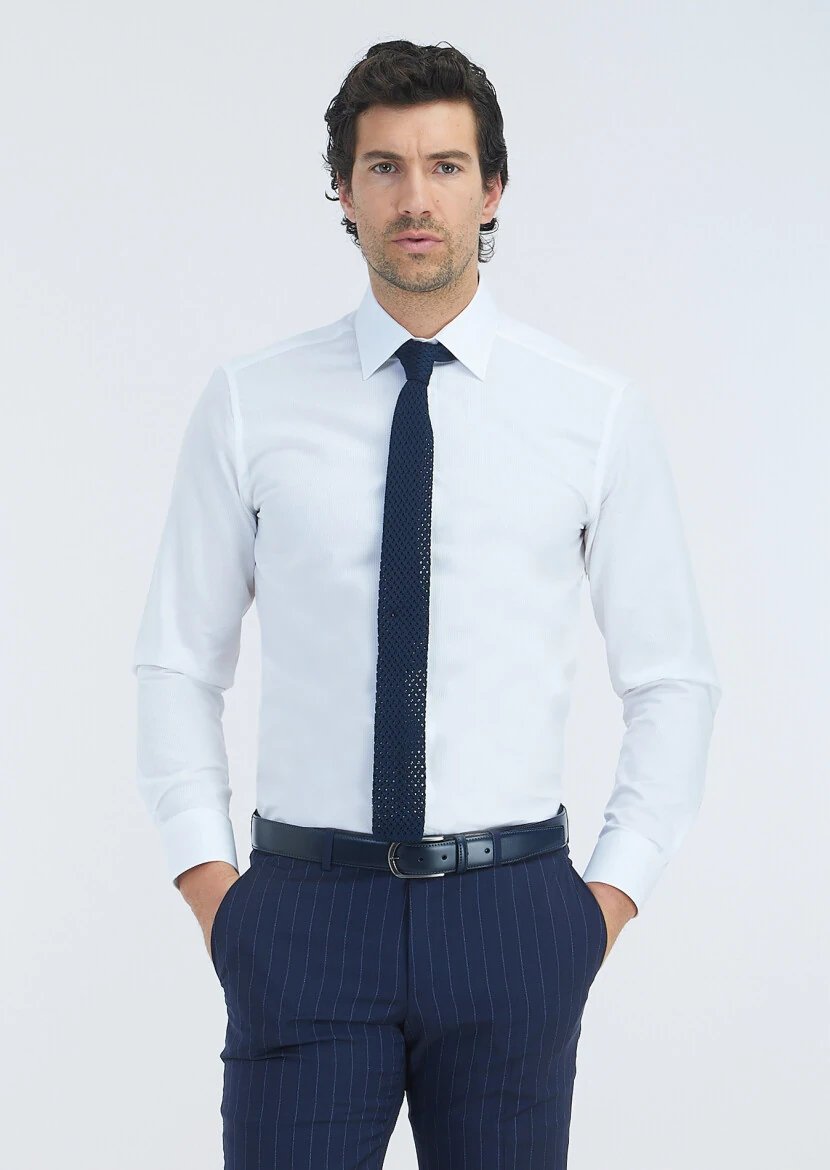 White Striped Regular Fit Weaving Classical 100% Cotton Shirt - 2