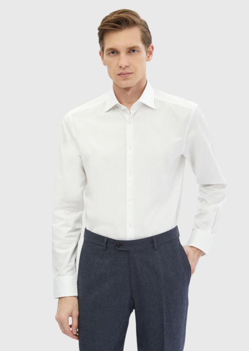 White Striped Regular Fit Weaving Classical 100% Cotton Shirt - 1