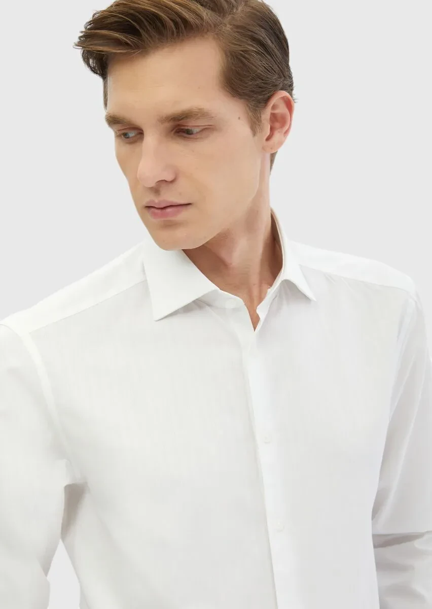 White Striped Regular Fit Weaving Classical 100% Cotton Shirt - 3