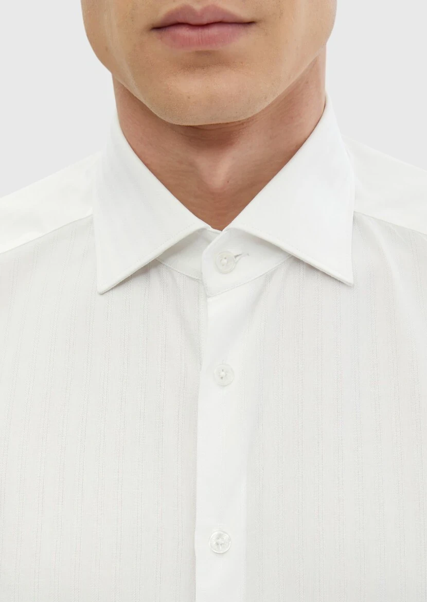 White Striped Regular Fit Weaving Classical 100% Cotton Shirt - 4