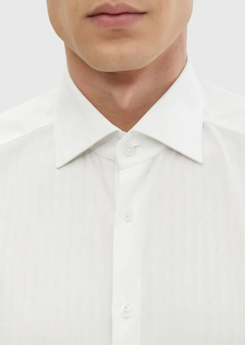 White Striped Regular Fit Weaving Classical 100% Cotton Shirt - 4