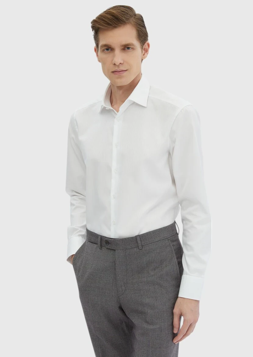 White Striped Regular Fit Weaving Classical 100% Cotton Shirt - RAMSEY