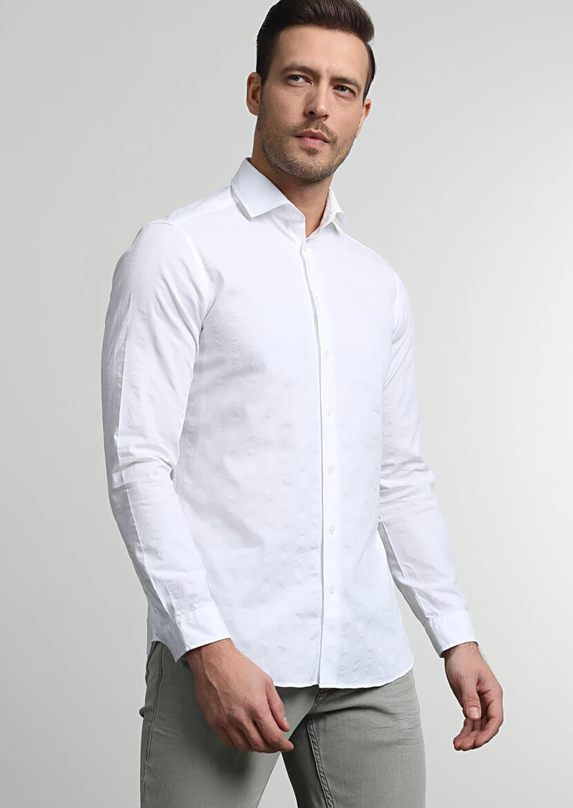 White Striped Slim Fit Weaving Casual 100% Cotton Shirt - 1
