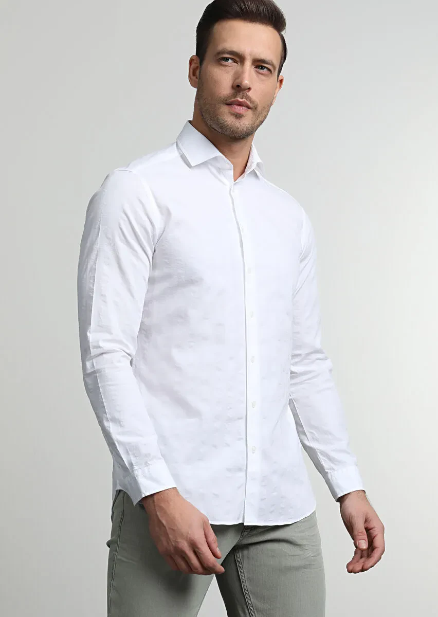 White Striped Slim Fit Weaving Casual 100% Cotton Shirt - 1