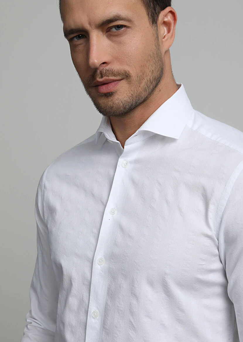 White Striped Slim Fit Weaving Casual 100% Cotton Shirt - 2