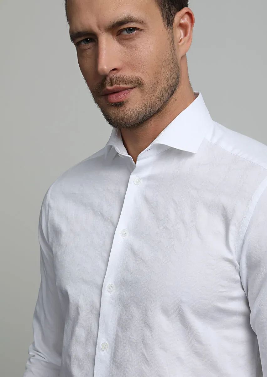 White Striped Slim Fit Weaving Casual 100% Cotton Shirt - 2