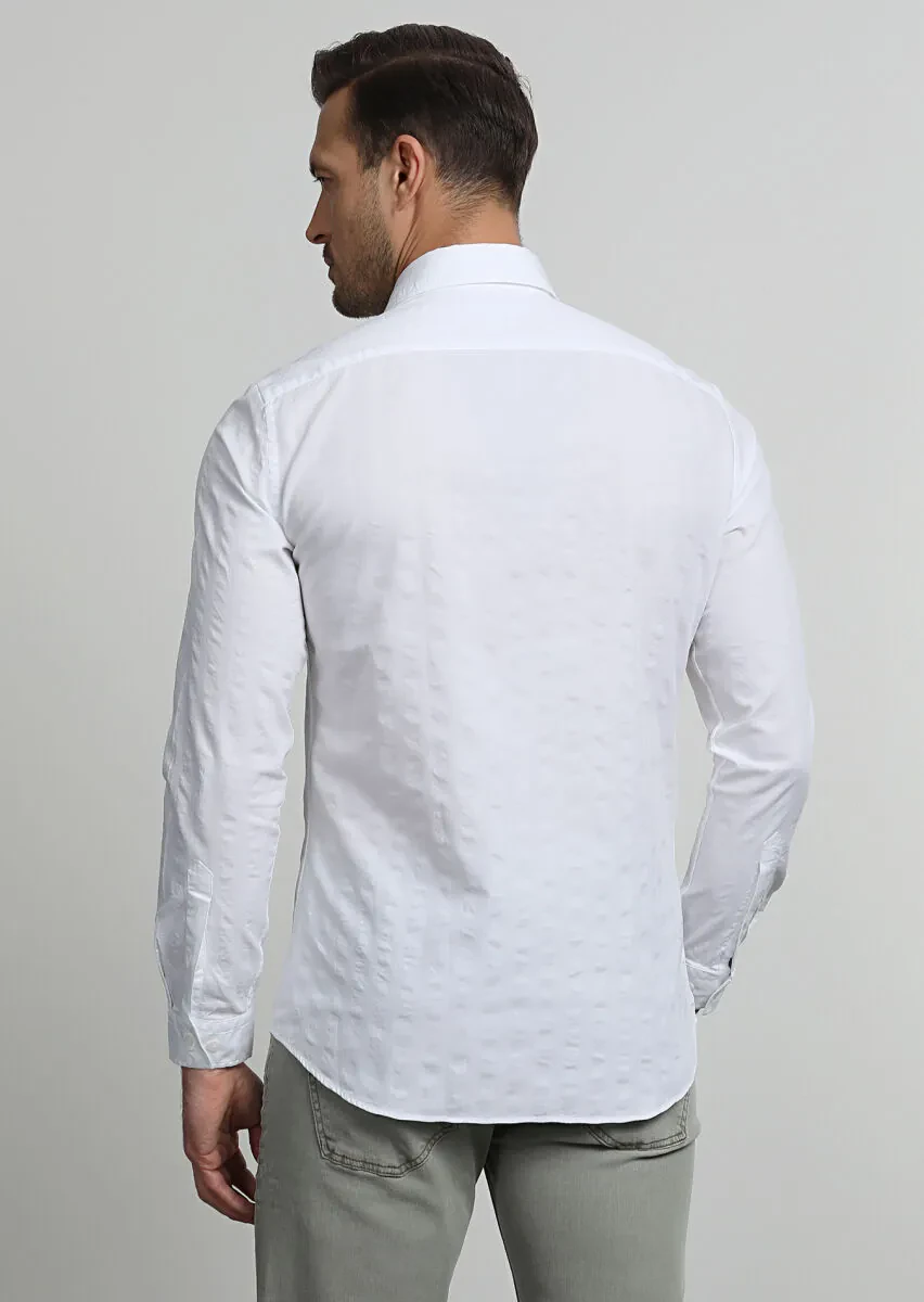 White Striped Slim Fit Weaving Casual 100% Cotton Shirt - 4