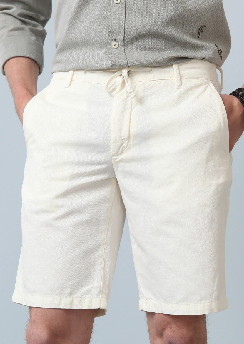 White Weaving Regular Fit Casual Cotton Blended Bermuda - 1