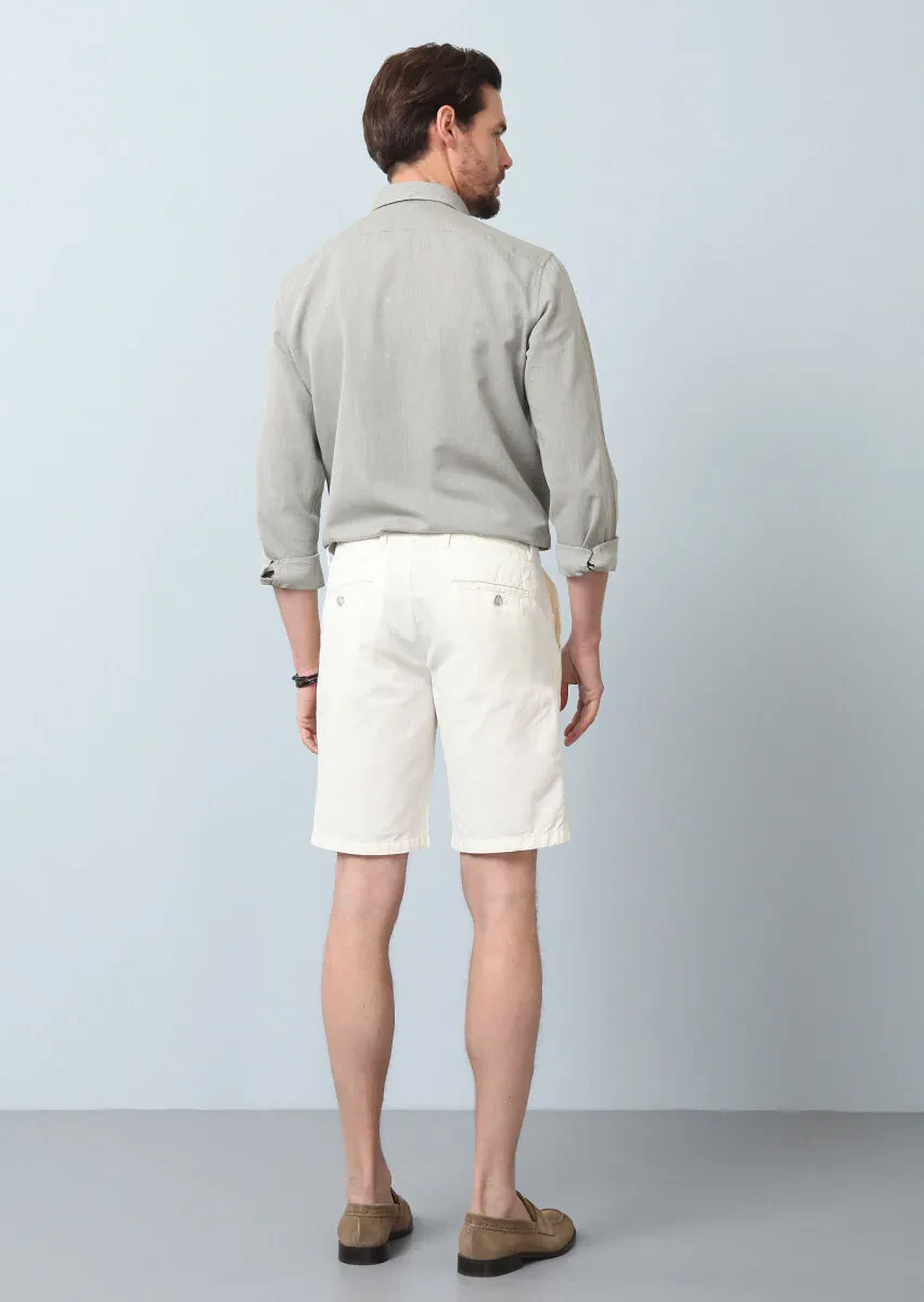 White Weaving Regular Fit Casual Cotton Blended Bermuda - 5