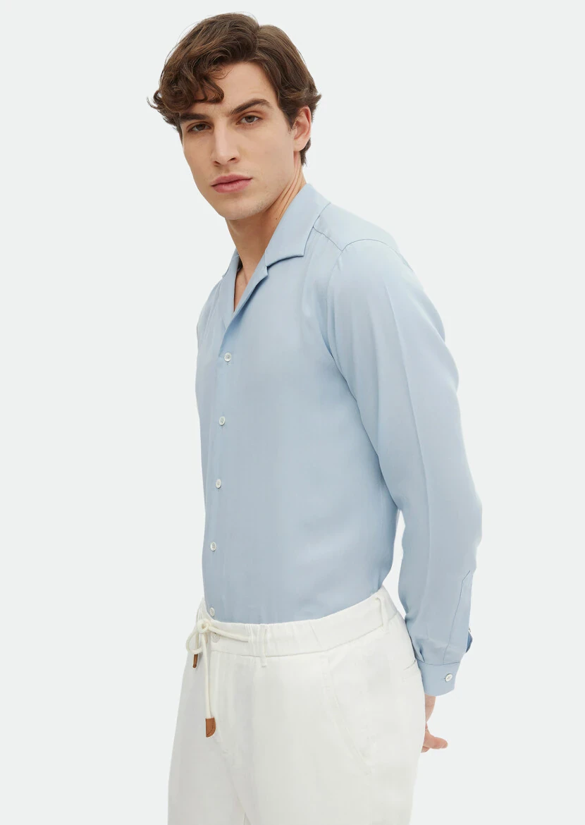 Blue Plain Regular Fit Weaving Classical Shirt - RAMSEY