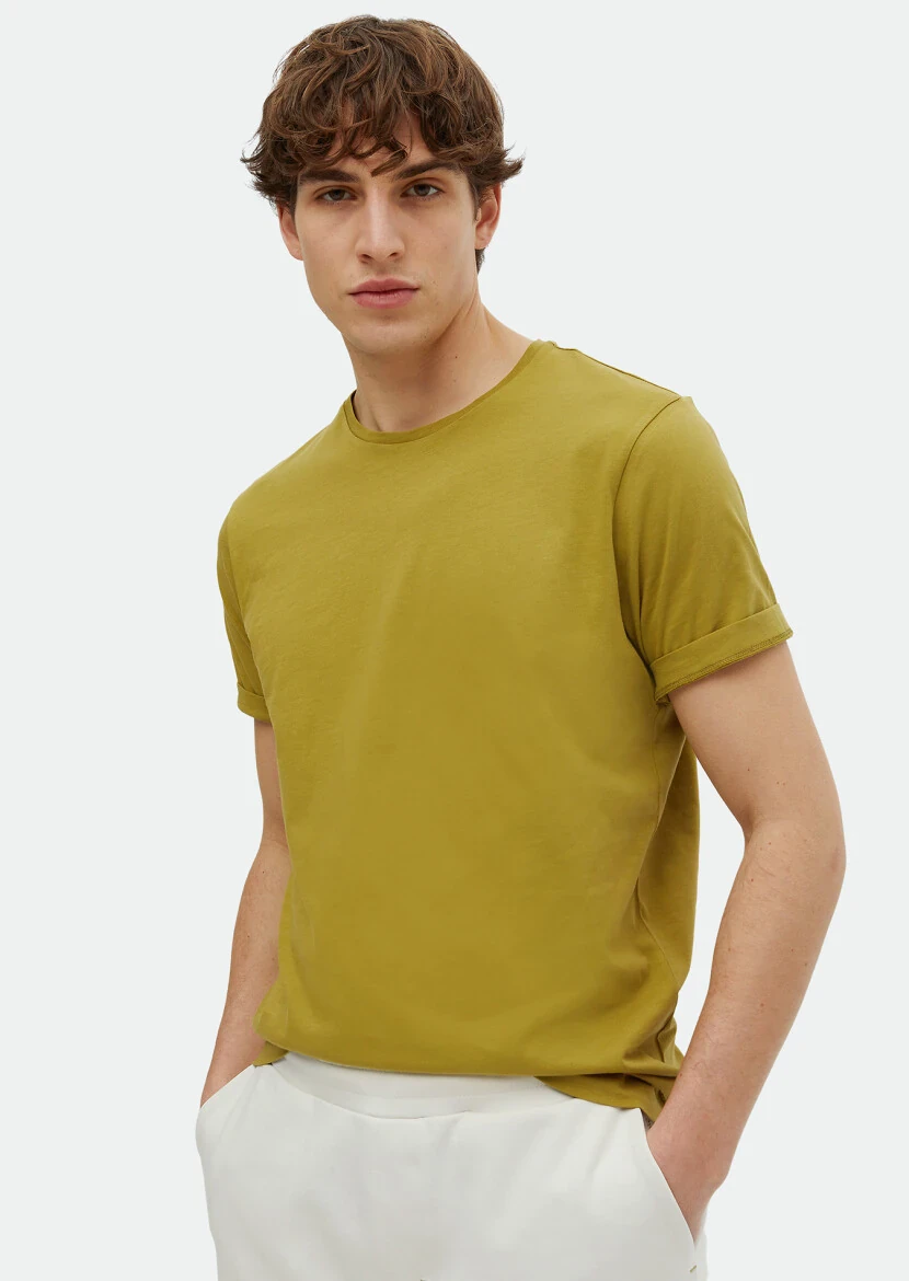 Yağ Yeşili Baskılı Bisiklet Yaka %100 Pamuk T-Shirt - RAMSEY