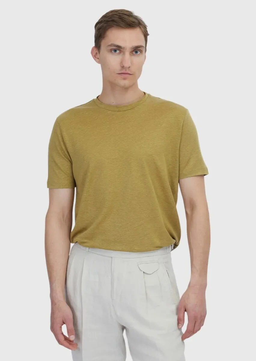 Yağ Yeşili Düz Bisiklet Yaka %100 Keten T-Shirt - 1