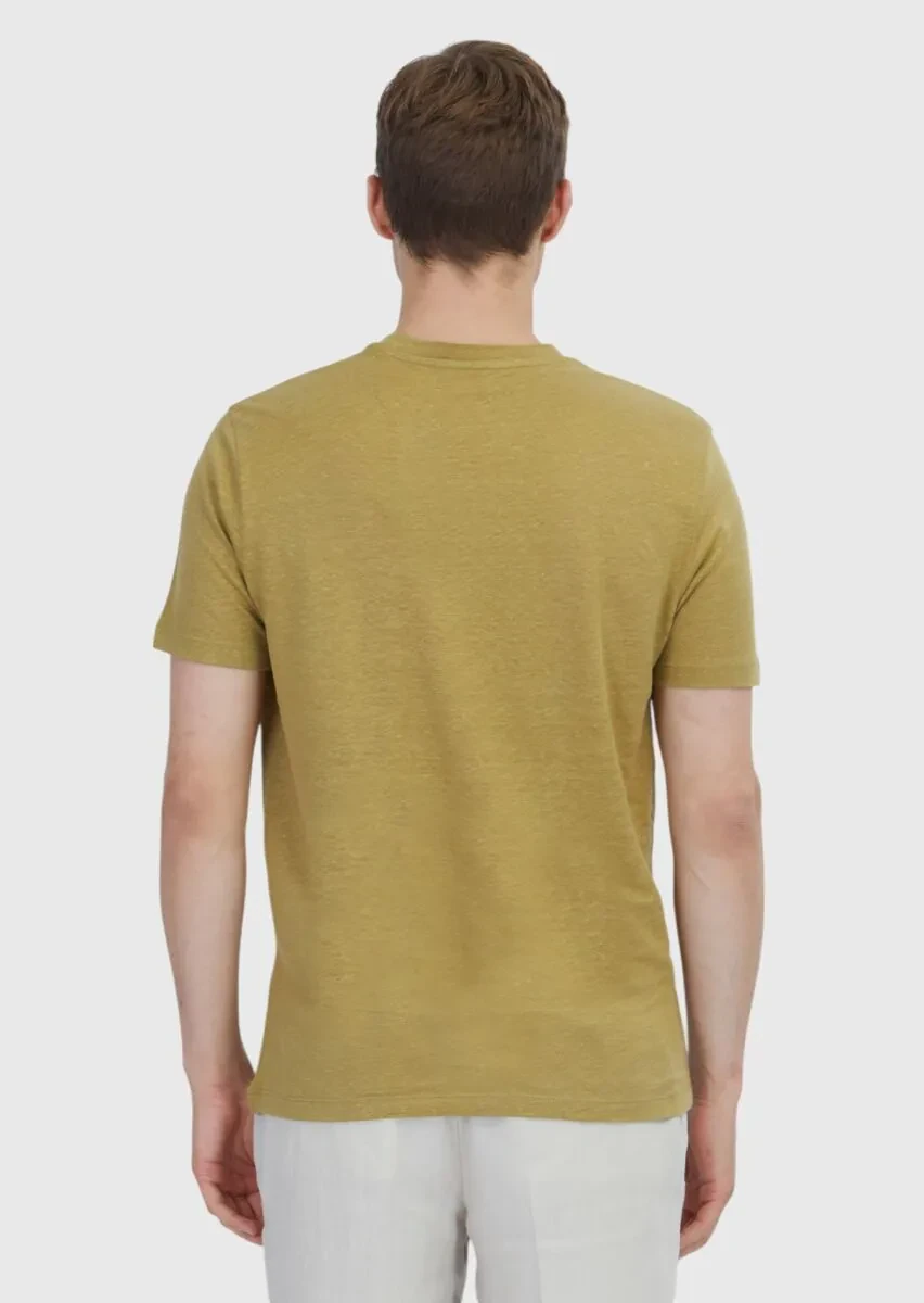 Yağ Yeşili Düz Bisiklet Yaka %100 Keten T-Shirt - 5