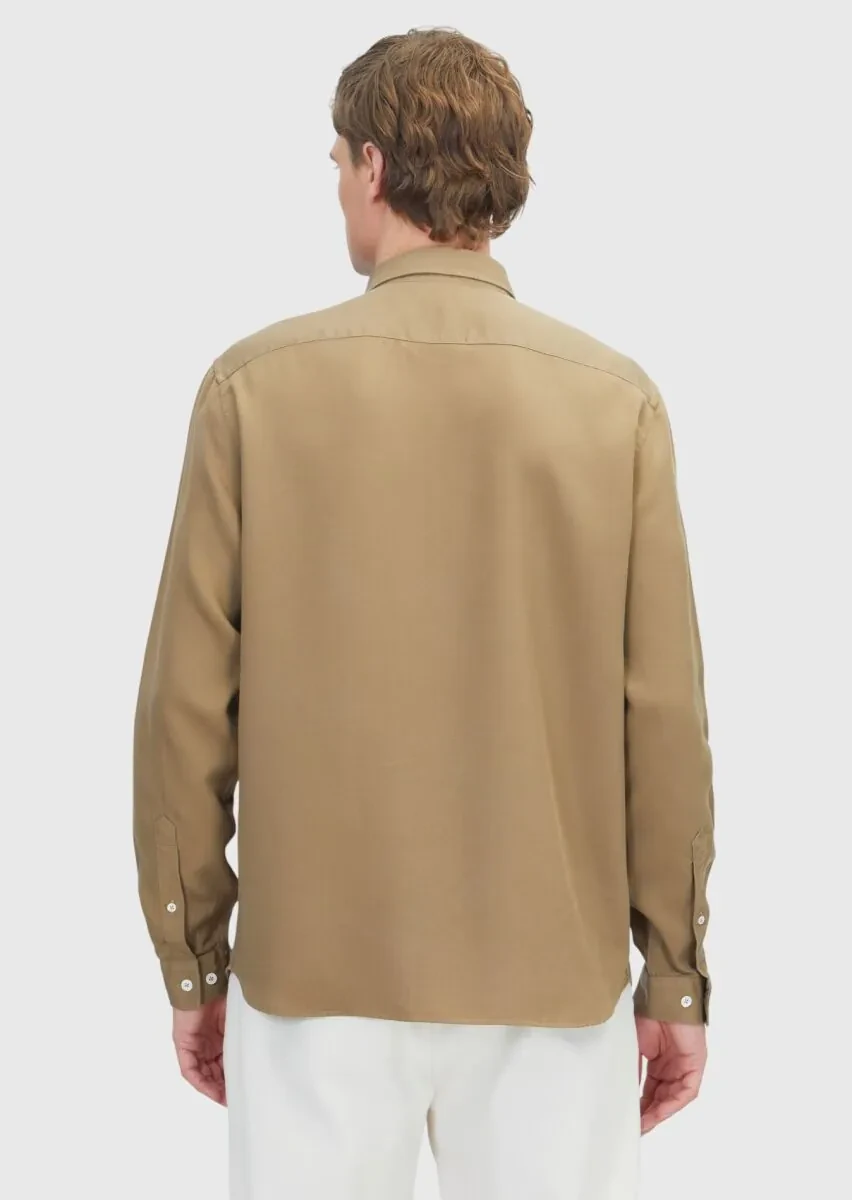 Yağ Yeşili Düz Dokuma Casual Gömlek - 5