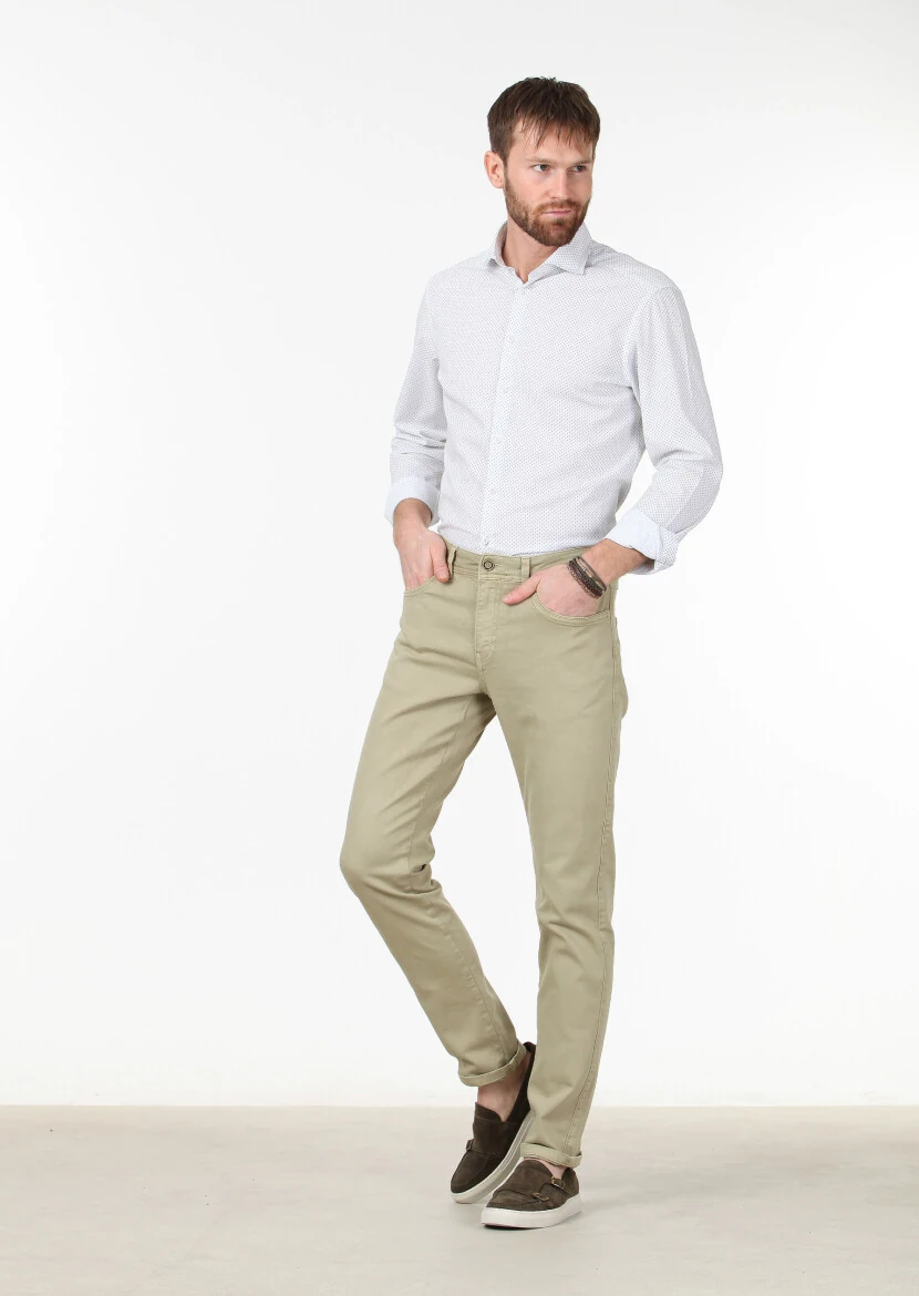 Yağ Yeşili Düz Dokuma Slim Fit Casual Pamuk Karışımlı Pantolon 