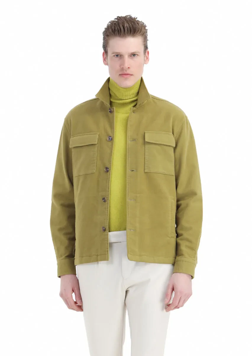 Yağ Yeşili Düz Regular Fit Dokuma Pamuk Karışımlı Overshırt - 1