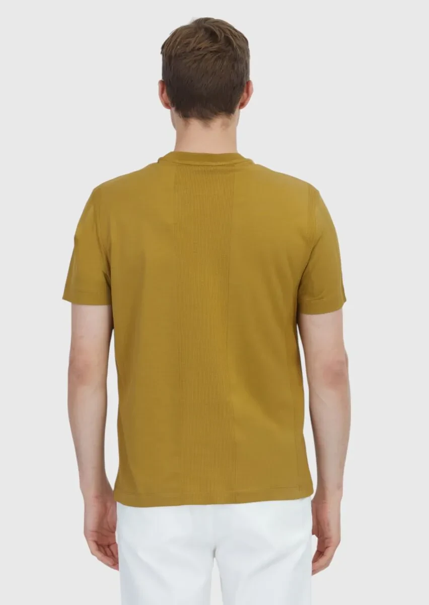 Yağ Yeşili Jakarlı Bisiklet Yaka %100 Pamuk T-Shirt - 4