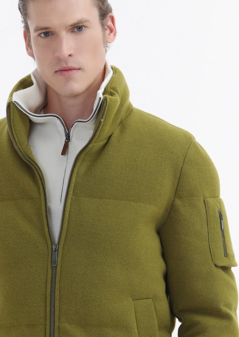 Yağ Yeşili Regular Fit Dik Yaka Casual Dokuma Mont - 5