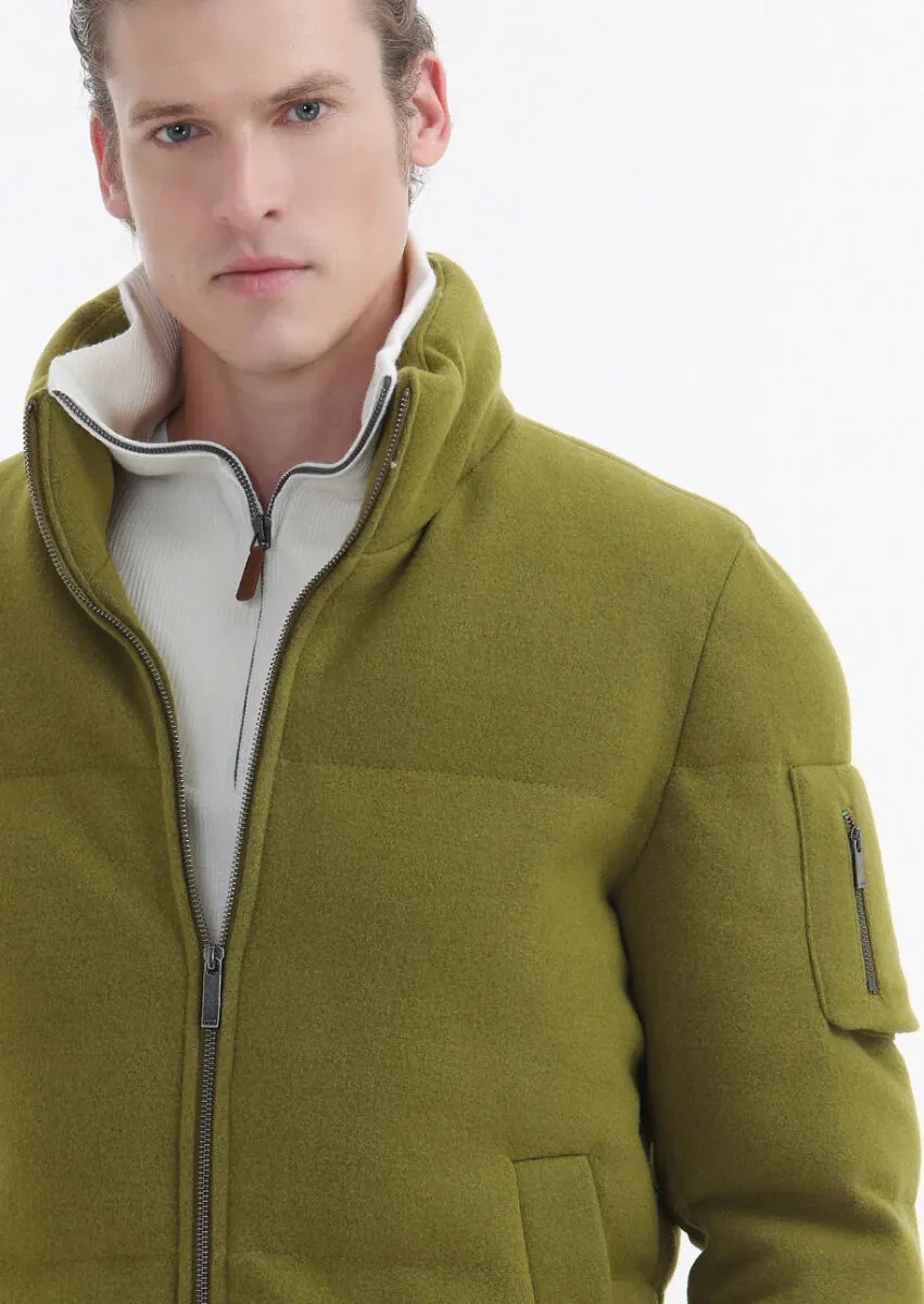 Yağ Yeşili Regular Fit Dik Yaka Casual Dokuma Mont - 5