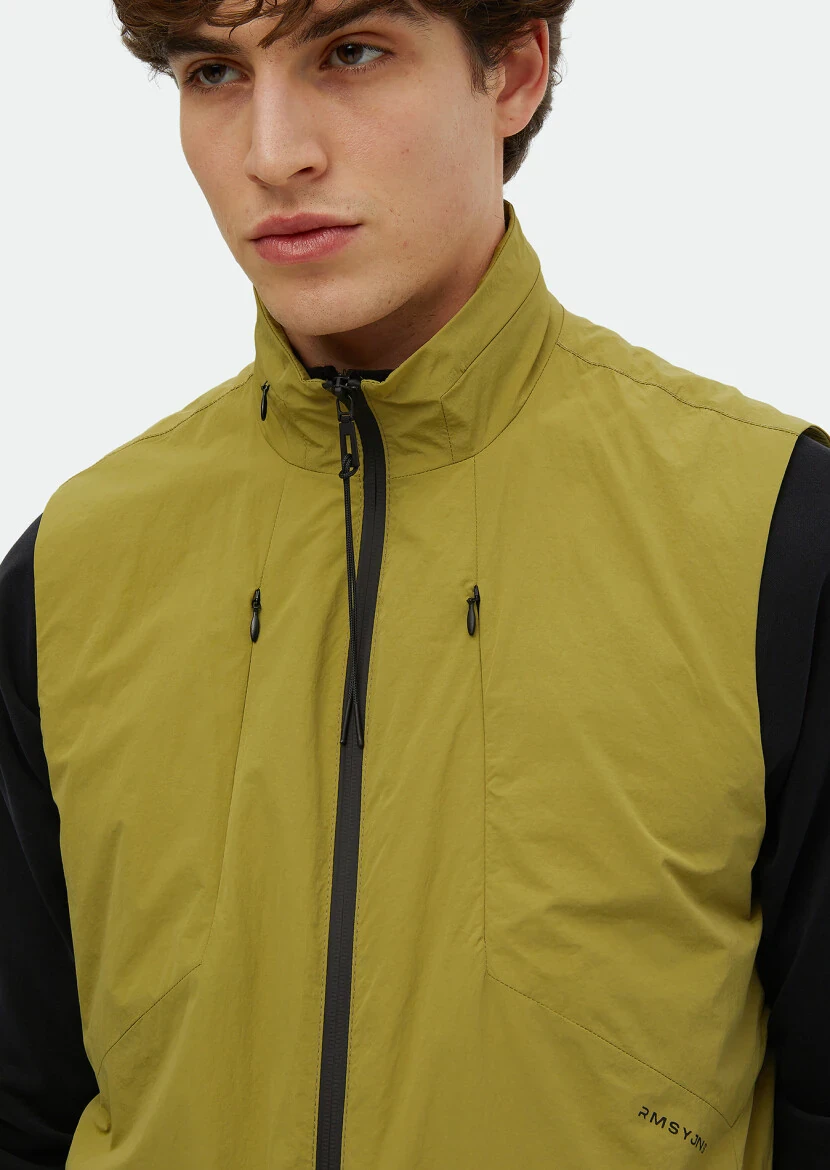 Yağ Yeşili Regular Fit Dik Yaka Denim Dokuma Spor Yelek - 3