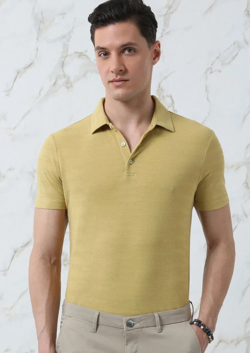Yellow Jacquard Polo Neck 100% Cotton T-Shirt - 1