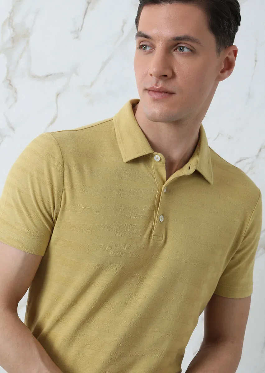 Yellow Jacquard Polo Neck 100% Cotton T-Shirt - 3