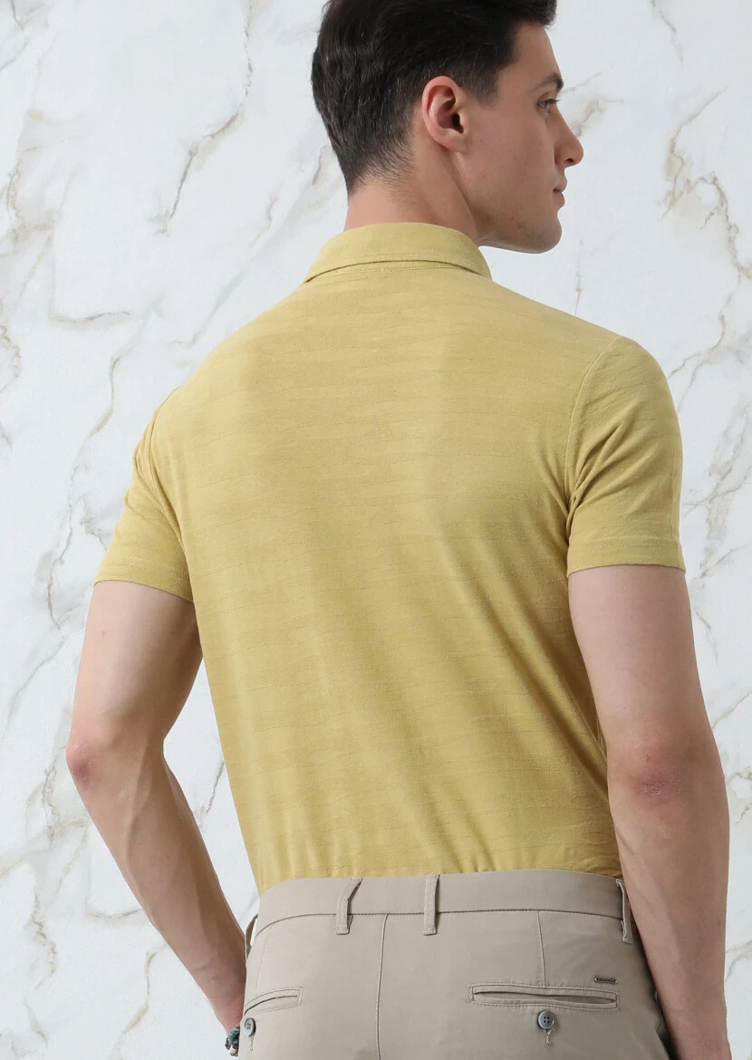 Yellow Jacquard Polo Neck 100% Cotton T-Shirt - 5