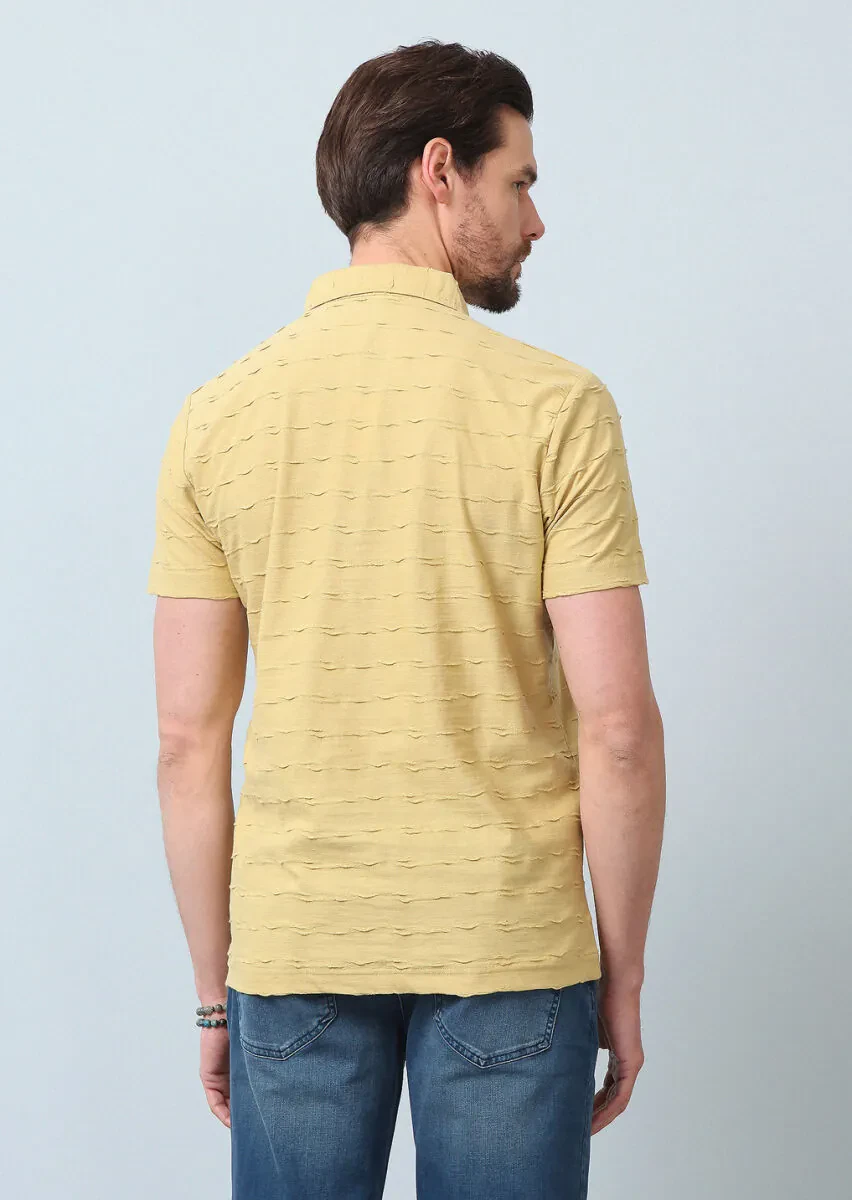 Yellow Jacquard Polo Neck 100% Cotton T-Shirt - 6