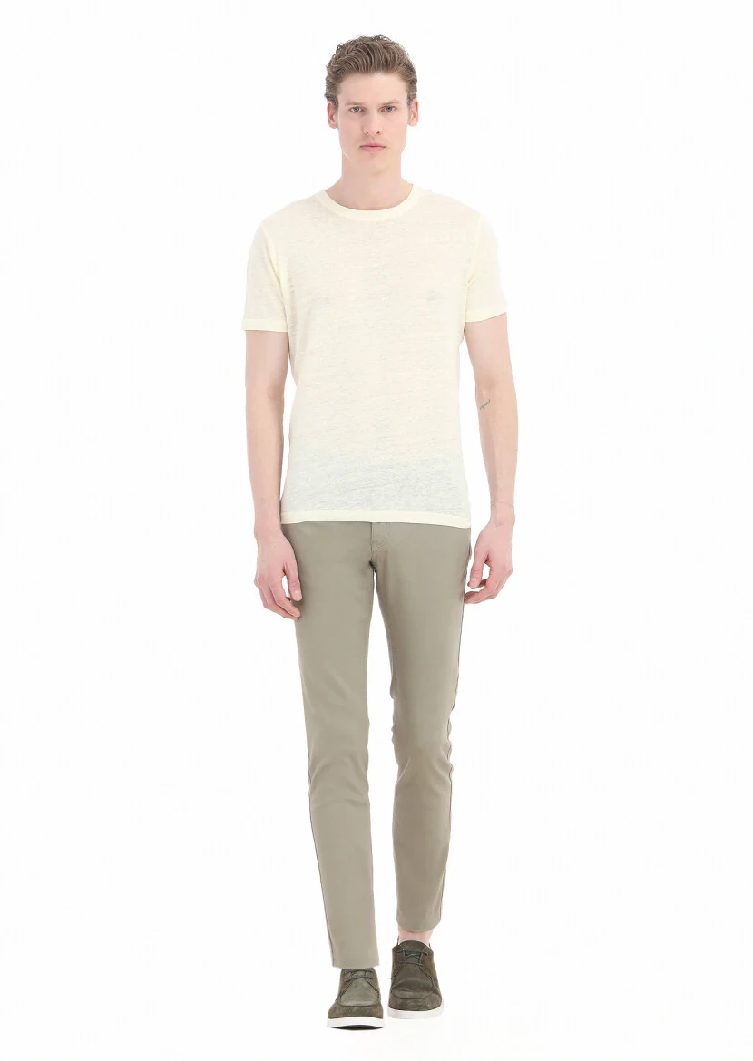 Yellow Plain Crew Neck 100% Linen T-Shirt - 1