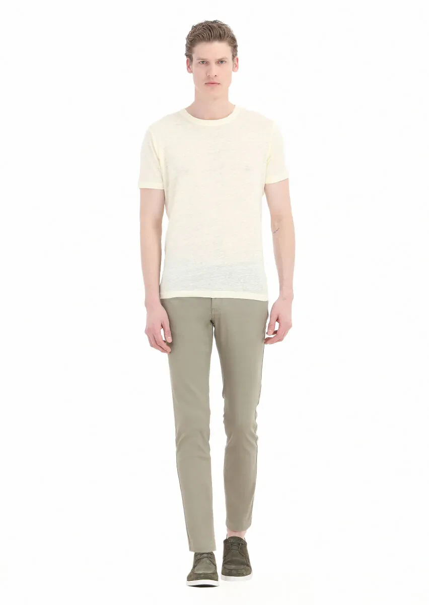 Yellow Plain Crew Neck 100% Linen T-Shirt - 1