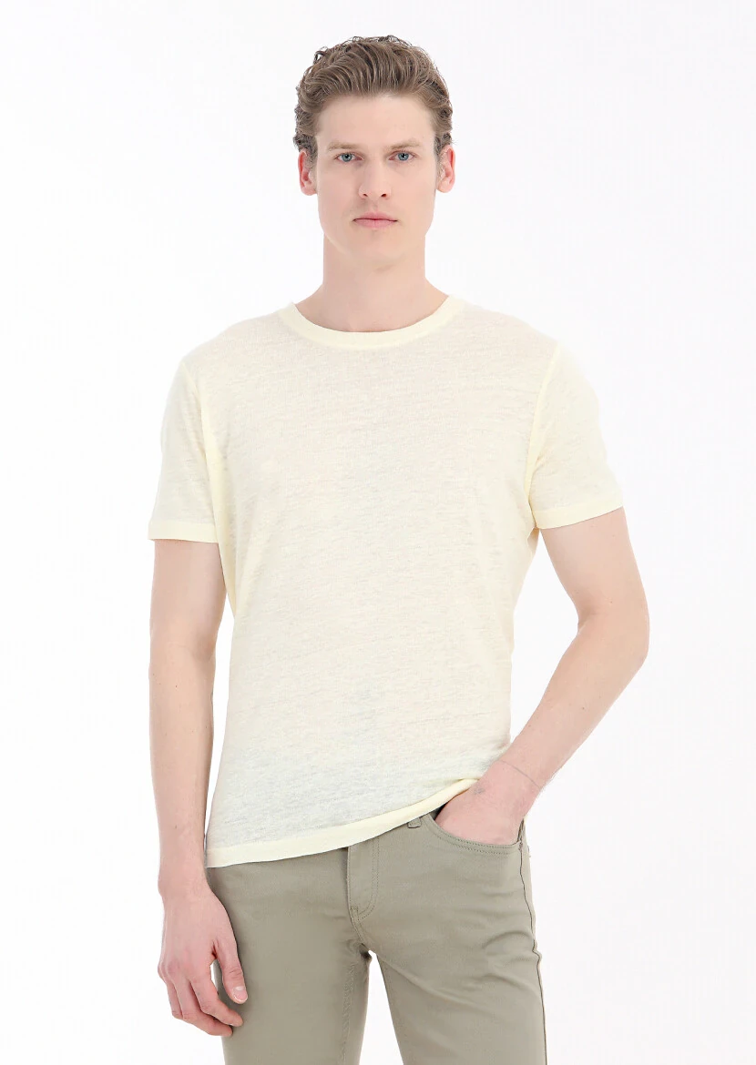 Yellow Plain Crew Neck 100% Linen T-Shirt 