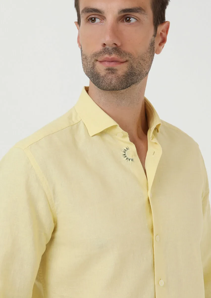 Yellow Plain Regular Fit Weaving Casual Cotton Blended Shirt - 3
