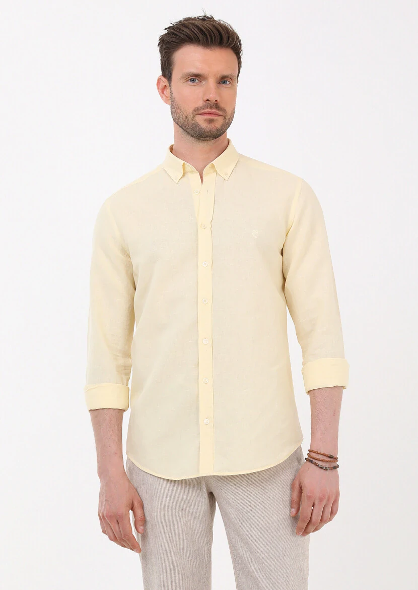 Yellow Plain Regular Fit Weaving Casual Cotton Blended Shirt - 3