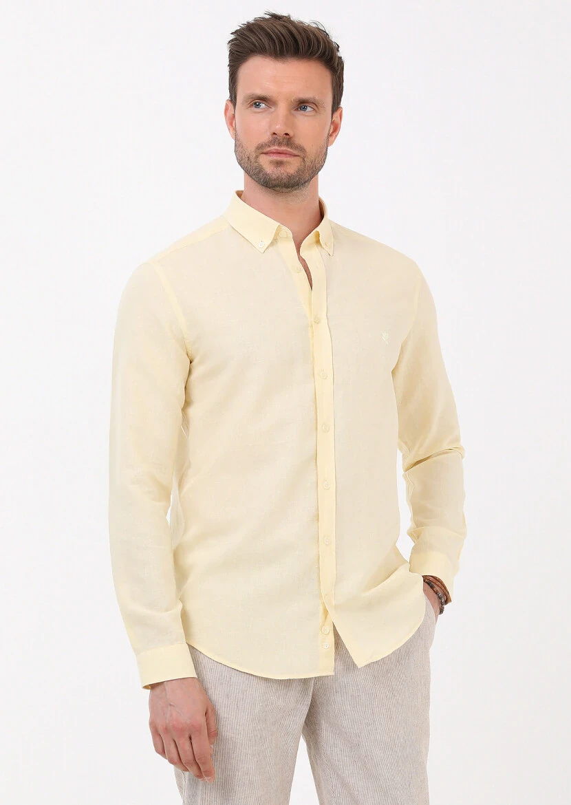 Yellow Plain Regular Fit Weaving Casual Cotton Blended Shirt - 4
