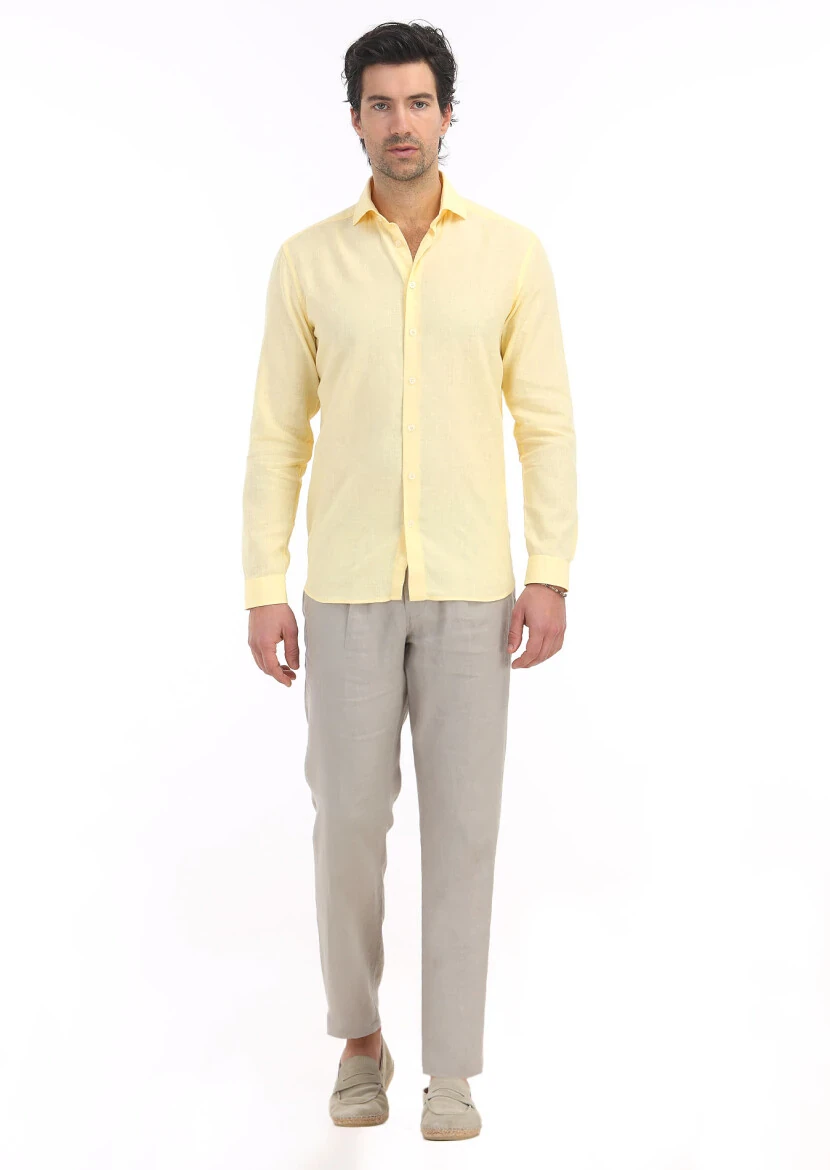 Yellow Plain Regular Fit Weaving Casual Cotton Blended Shirt - 1