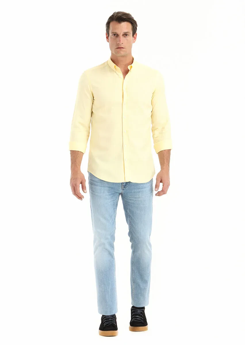 Yellow Plain Slim Fit Weaving Casual 100% Cotton Shirt - 1