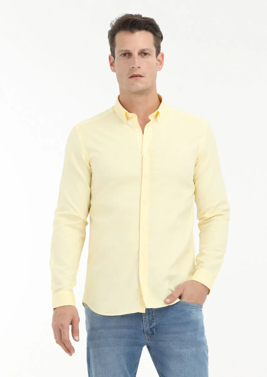 Yellow Plain Slim Fit Weaving Casual 100% Cotton Shirt - 2
