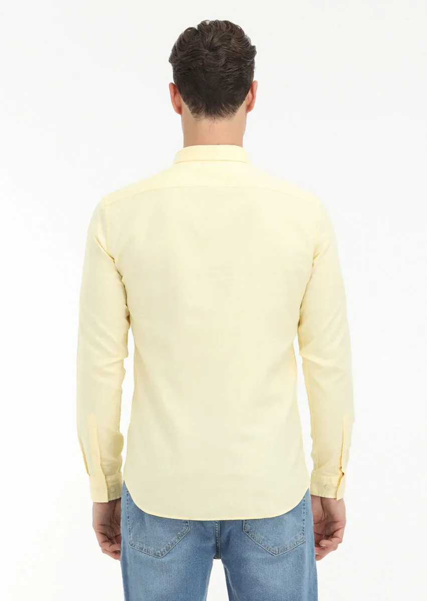 Yellow Plain Slim Fit Weaving Casual 100% Cotton Shirt - 4