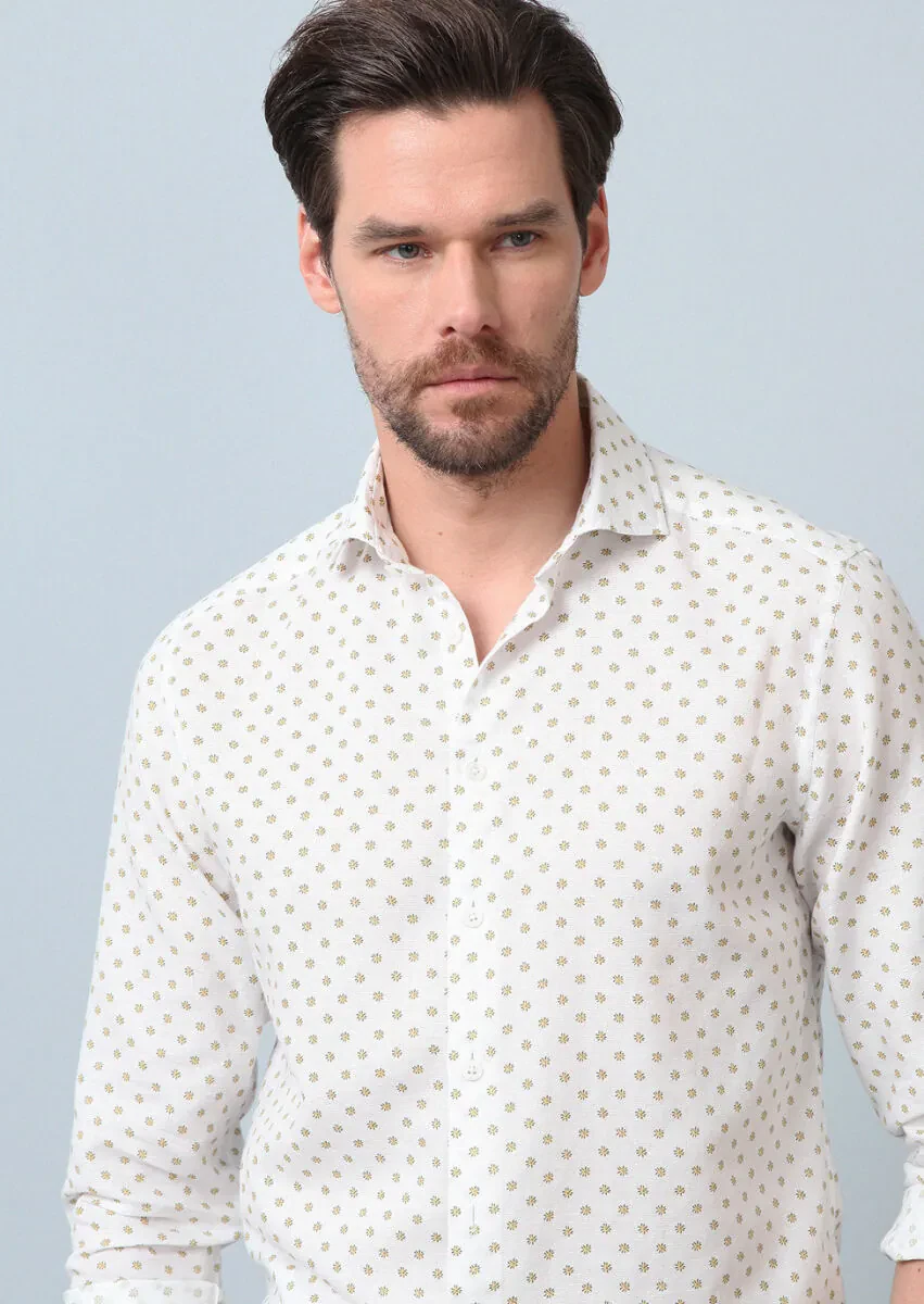 Yellow Printed Regular Fit Weaving Casual Cotton Blended Shirt - 4