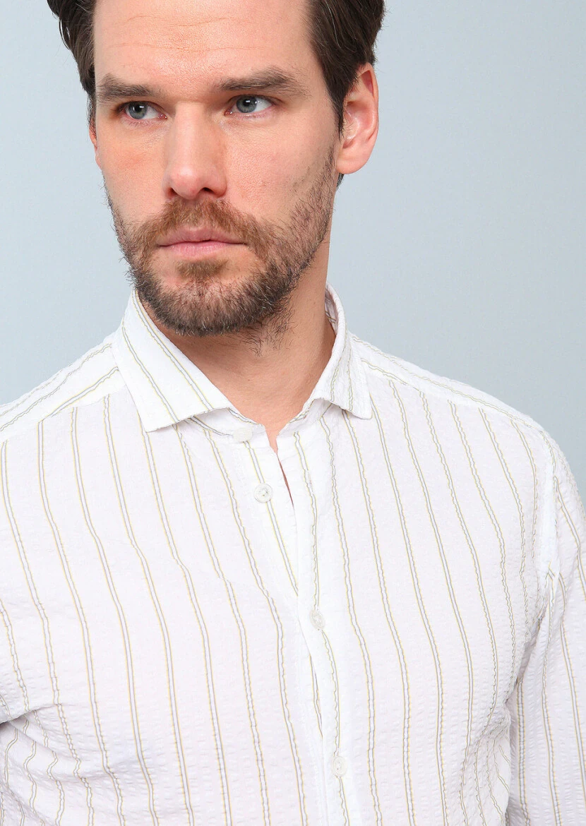 Yellow Printed Slim Fit Weaving Casual 100% Cotton Shirt - 4