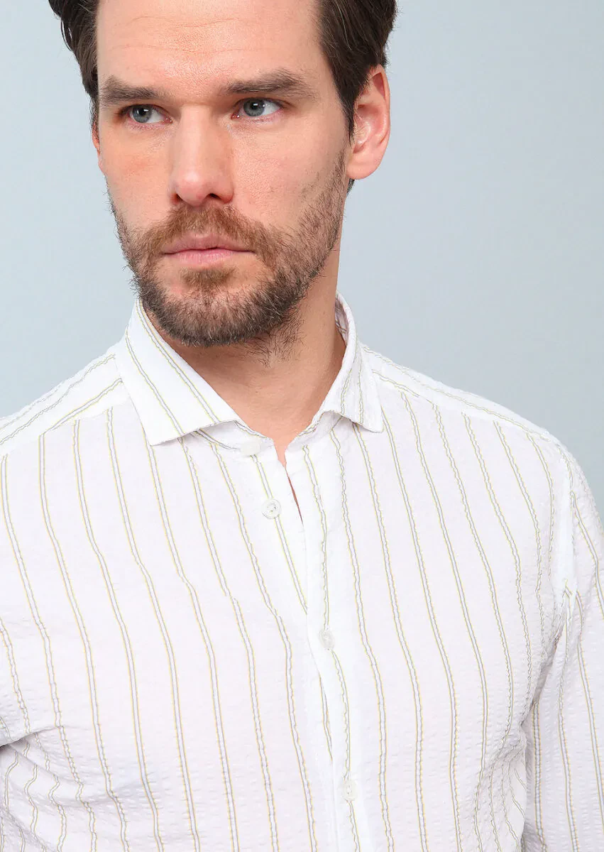 Yellow Printed Slim Fit Weaving Casual 100% Cotton Shirt - 4