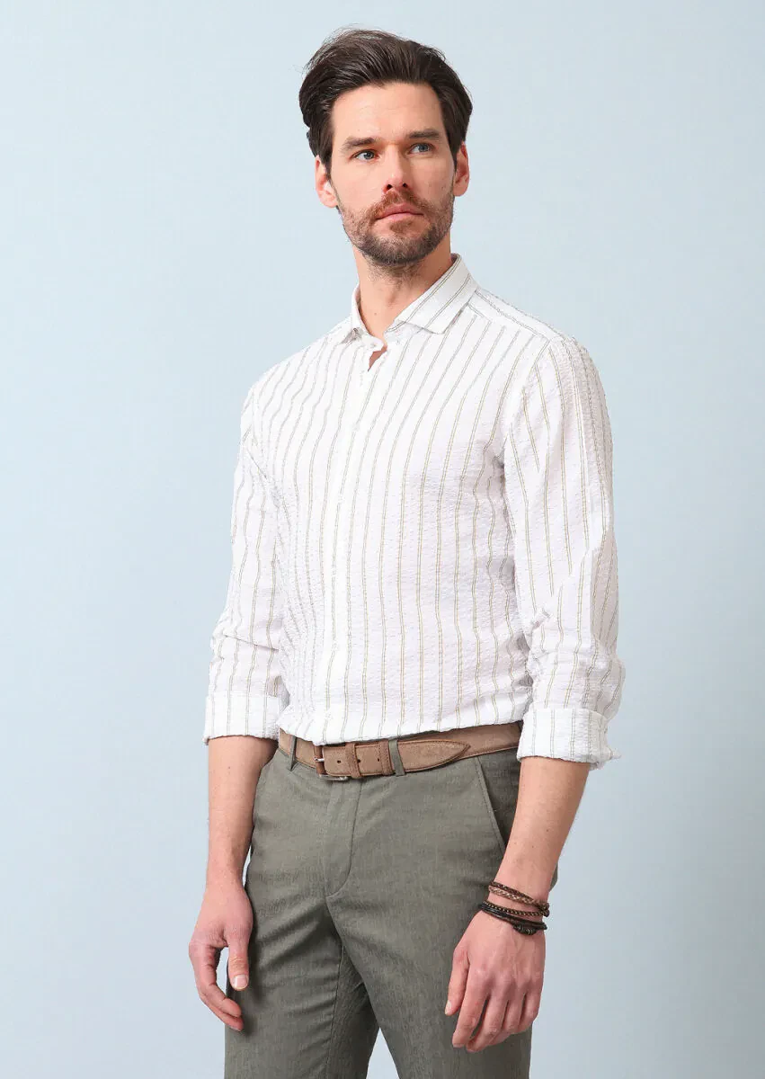 Yellow Printed Slim Fit Weaving Casual 100% Cotton Shirt - 5