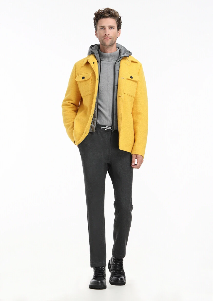 Yellow Regular Fit Shirt Collar Casual Knitting Removable Hood Coat - 1