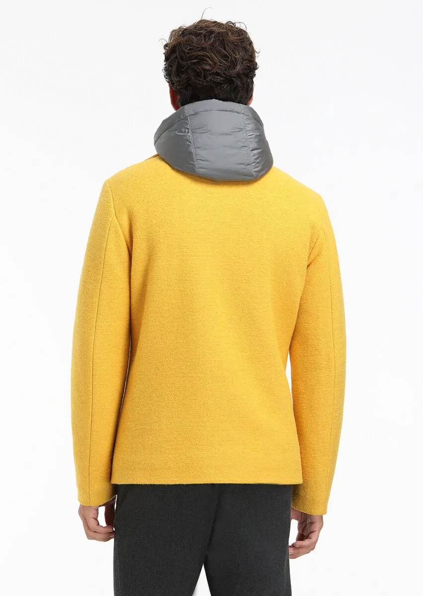 Yellow Regular Fit Shirt Collar Casual Knitting Removable Hood Coat - 8