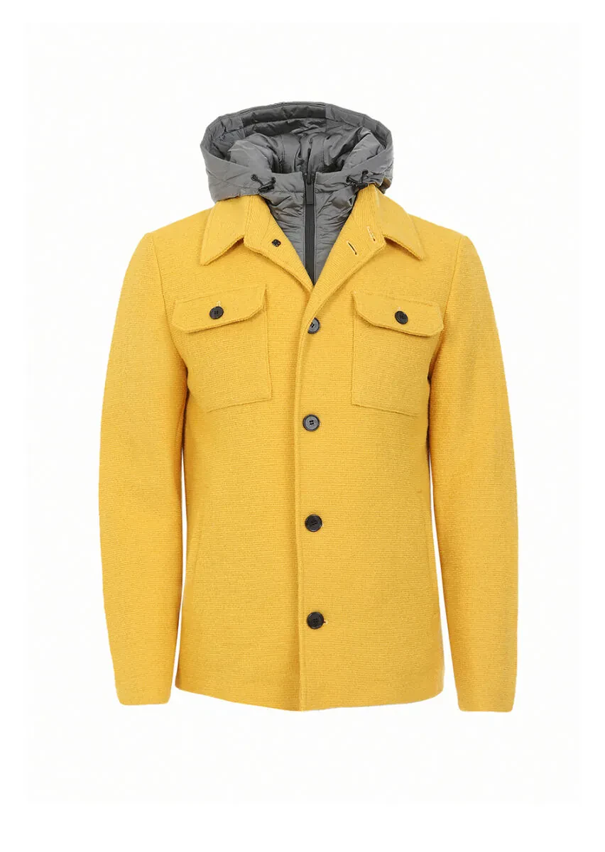 Yellow Regular Fit Shirt Collar Casual Knitting Removable Hood Coat - 9